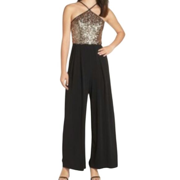 NWT Sequin Hearts Sz 3 Gold Black Event Jumpsuit Pockets Formal Wedding Guest - Picture 9 of 9